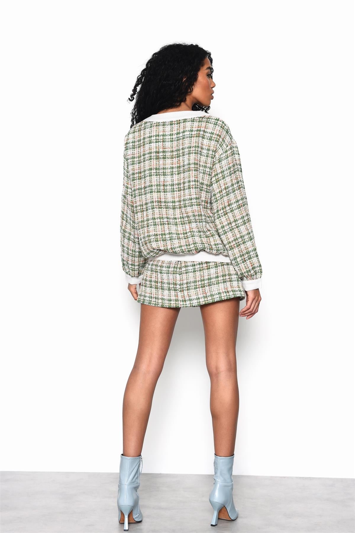 Green-Tweed-White Button-Front Long Sleeve-Jacket