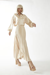 Sand Sateen High-Waist Pleated Maxi-Skirt
