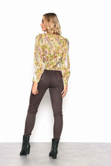 Smudgy Floral V-Neck Puff Sleeve Top with Button Detail