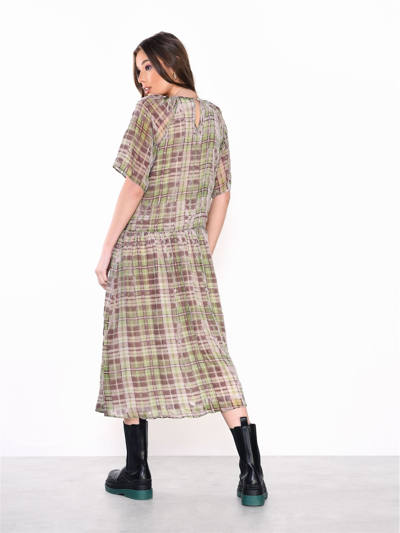 Green Devore Check High Neck Short Sleeve Midi Dress
