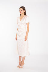 Peach-Pink Daisy Wrap Midi-Dress