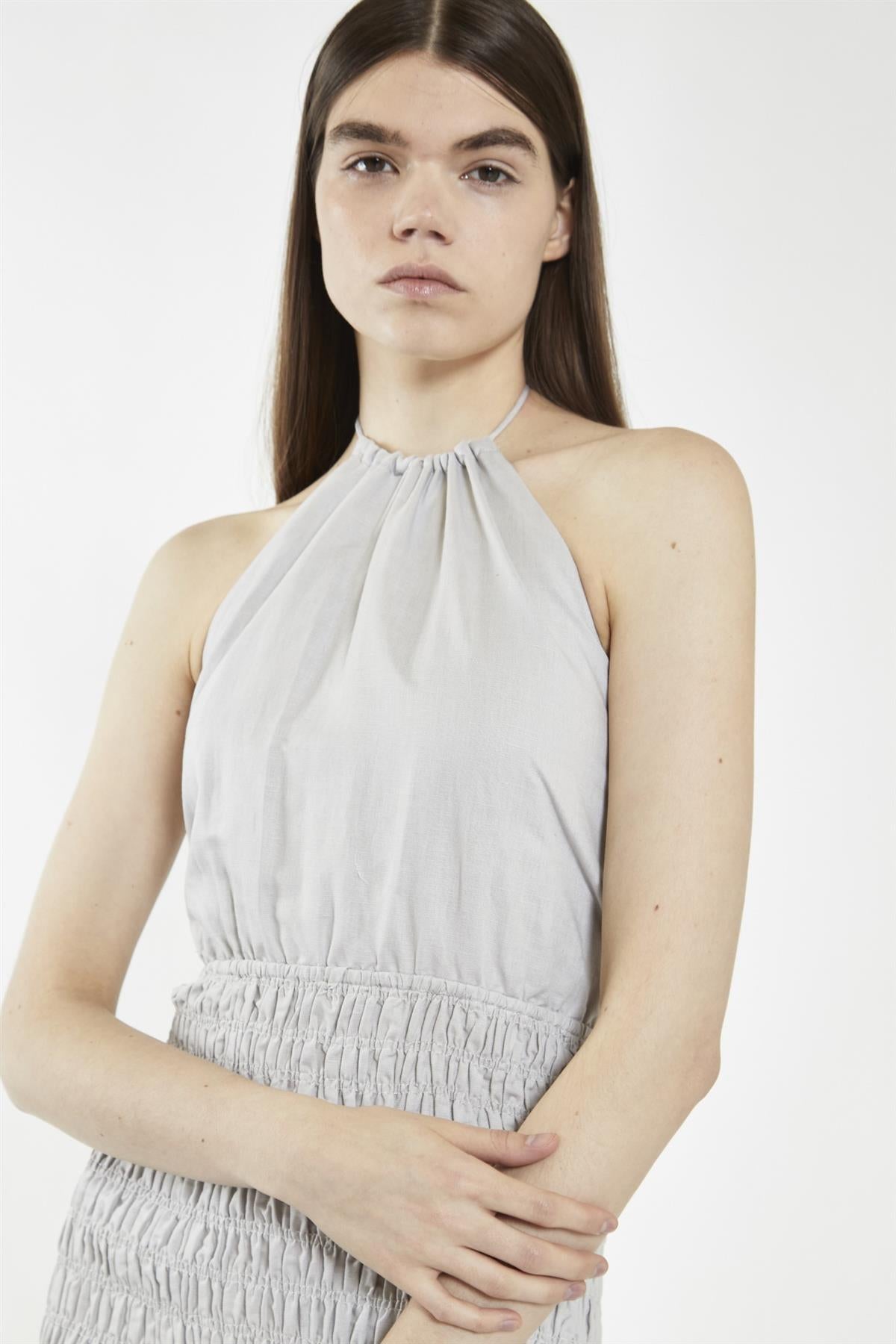 Light-Grey Halter-Neck Shirred Mini-Dress