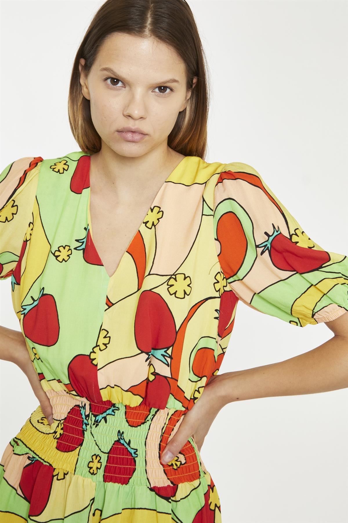 Orange-Swirl Strawberry Shirred Waist Loose-Playsuit