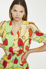 Orange-Swirl Strawberry Shirred Waist Loose-Playsuit