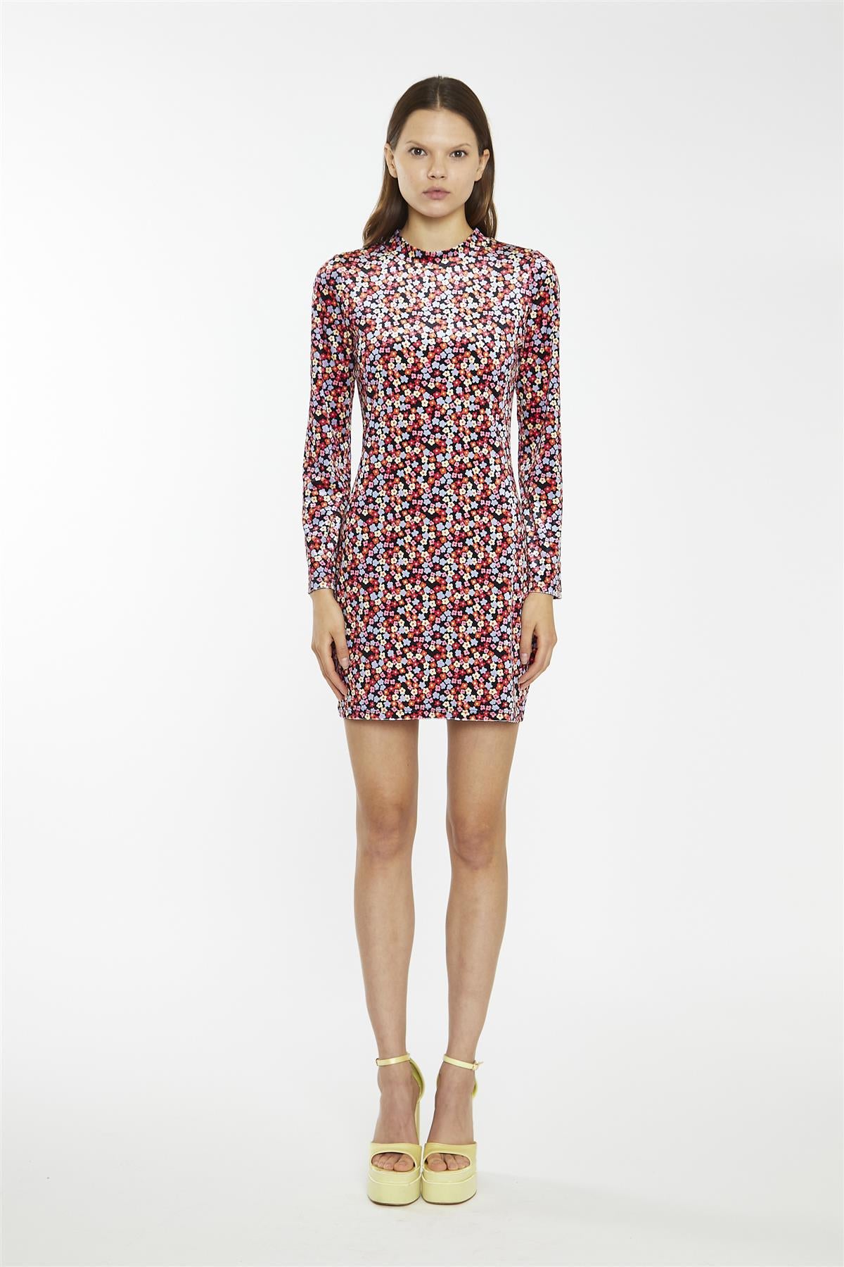 Multi-Ditsy-Velvet Long-Sleeve-Peplum Mini-Dress