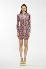 Multi-Ditsy-Velvet Long-Sleeve-Peplum Mini-Dress