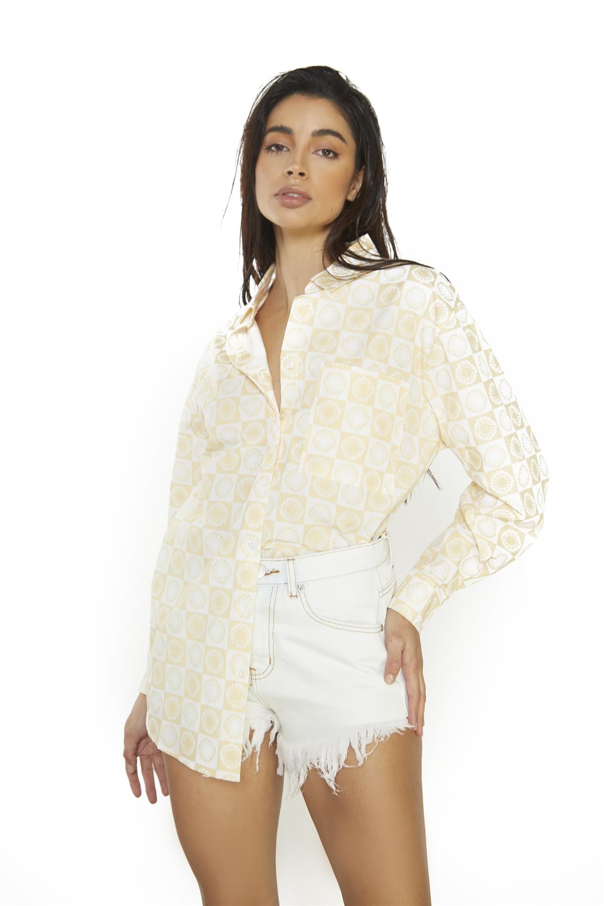 Sunflower-Check Collared Long Sleeve-Top
