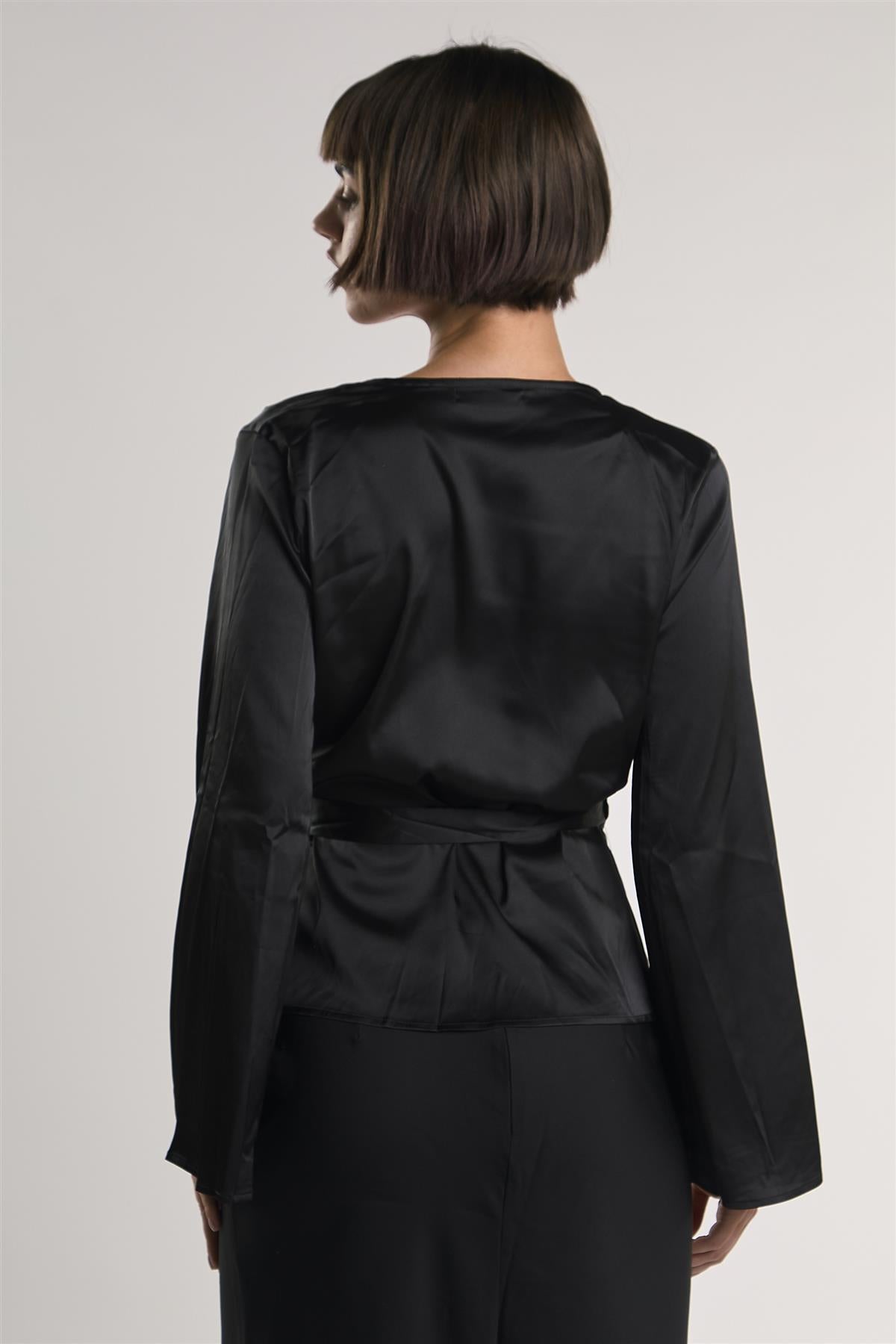 Black-Sateen Wrap Long Sleeve-Top