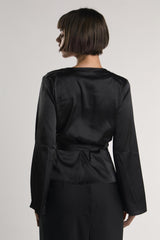 Black-Sateen Wrap Long Sleeve-Top