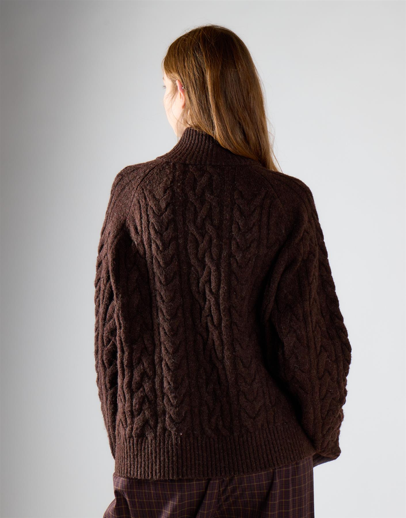Dark Brown Marl Cable Knit Quarter Zip Jumper