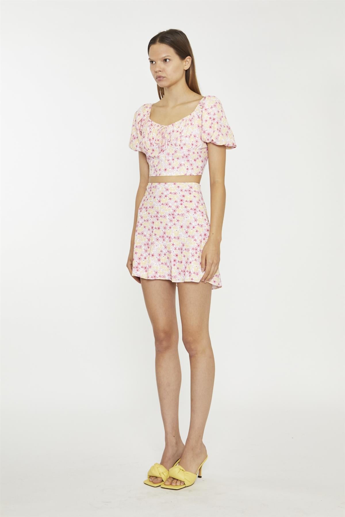 Pink Yellow Bunch Floral Short-Sleeve Tie-Detail Crop-Top