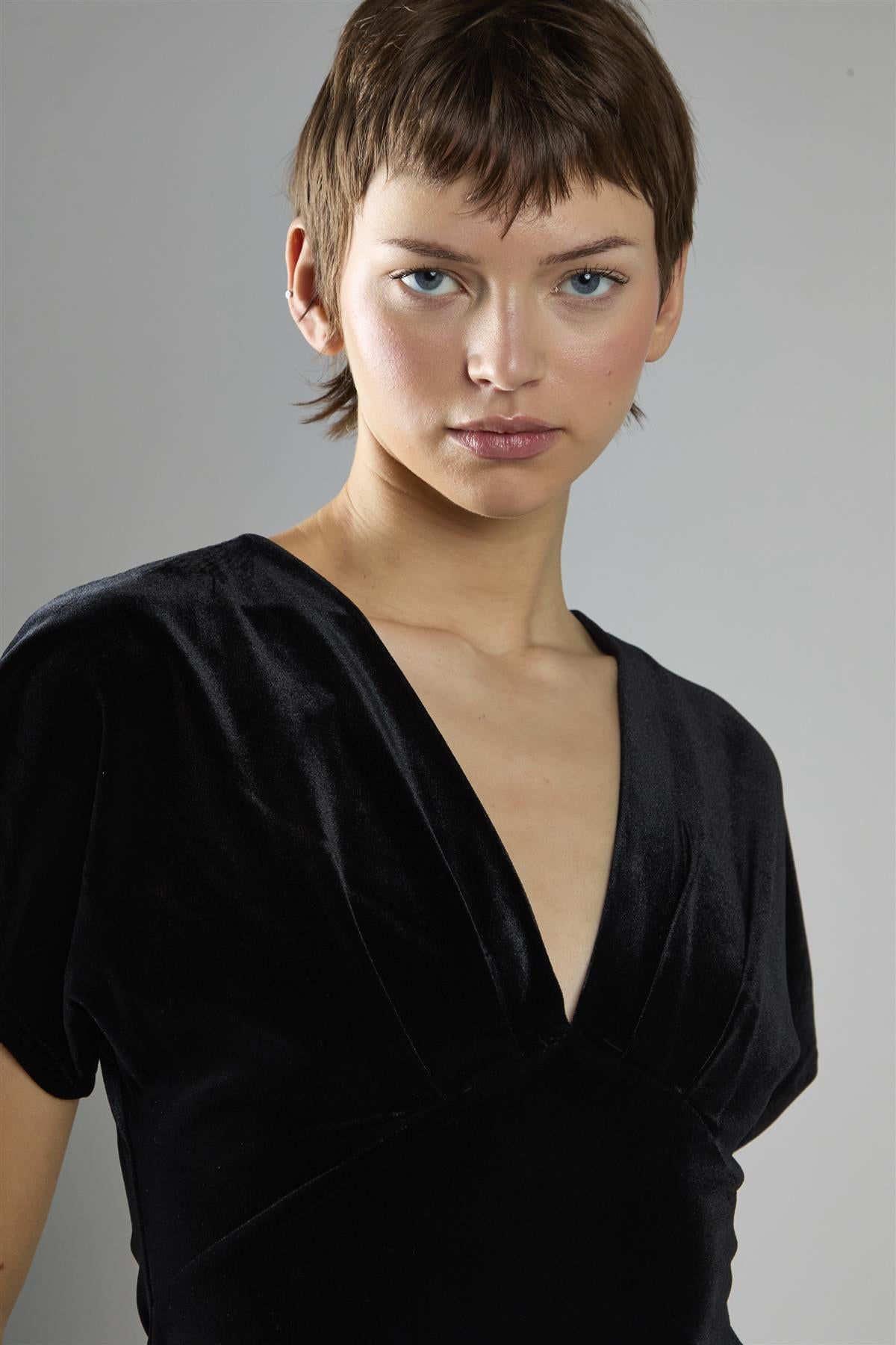 Black Velvet Short Sleeve V-Neck Maxi Dress