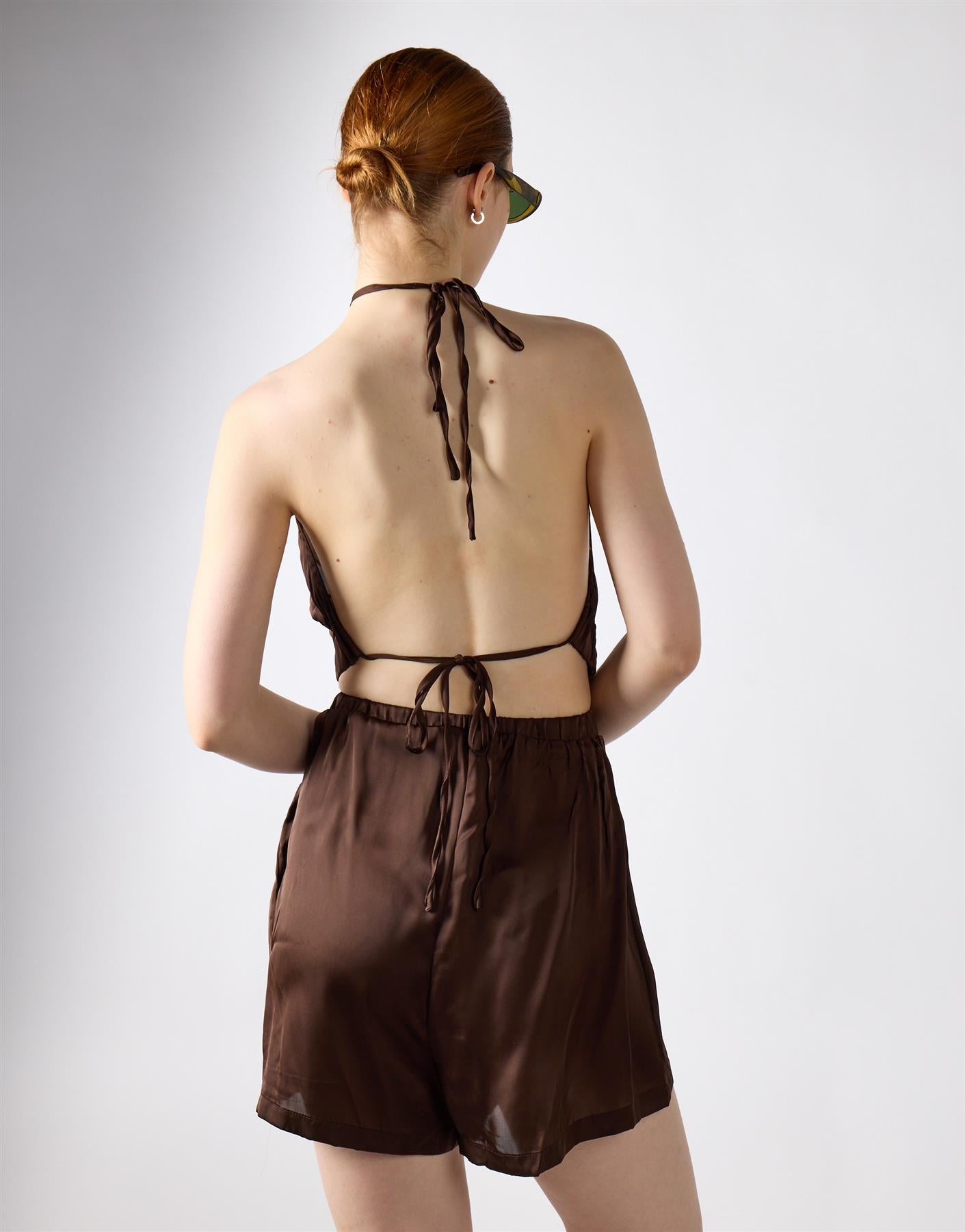 Open Tie Back Halter Playsuit - Brown