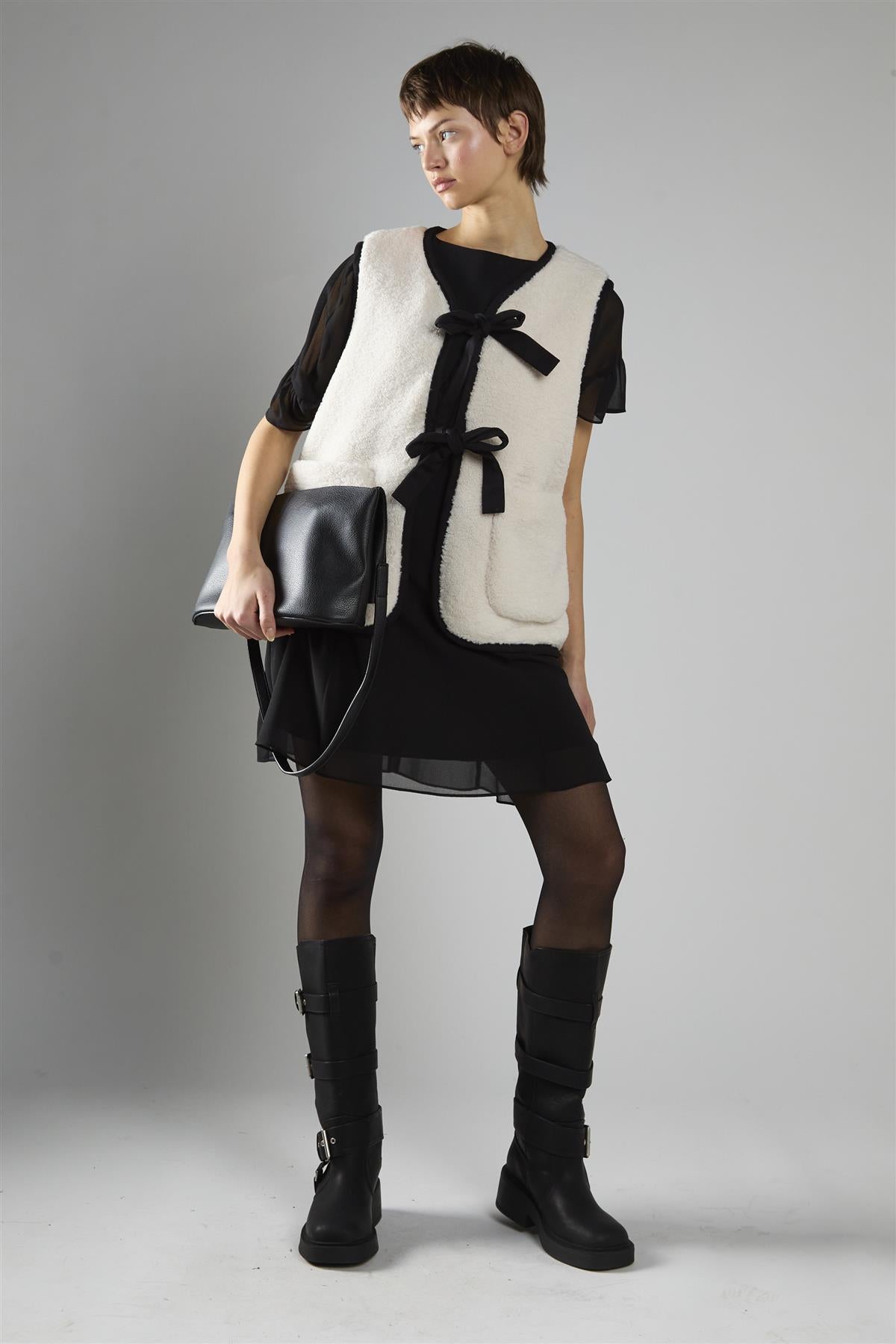 Cream Black Front Tie Sherpa Gilet