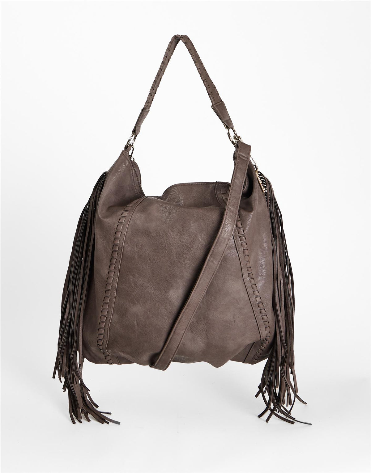 Brown Fringe Whipstitch Hobo Bag