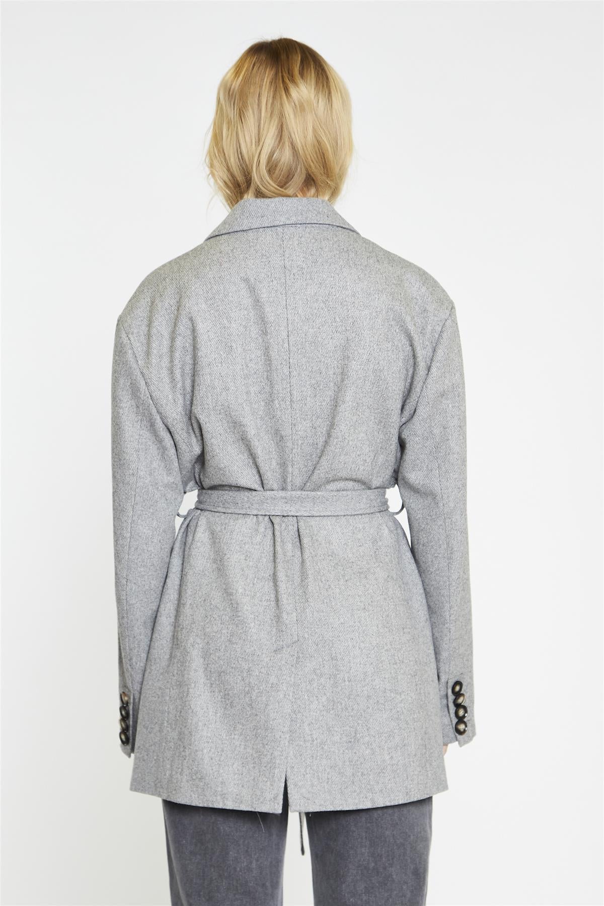 Grey Belted-Button-Front Oversized-Coat