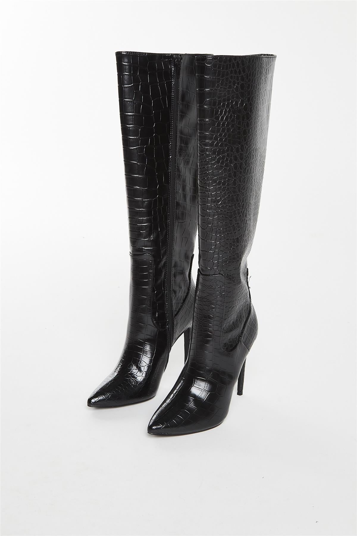 Black Croc Knee High Boot