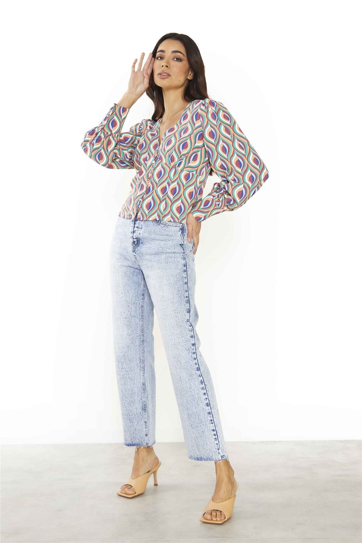 Multi Geo Swirl V Neck Top with Button Details