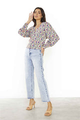 Multi Geo Swirl V Neck Top with Button Details