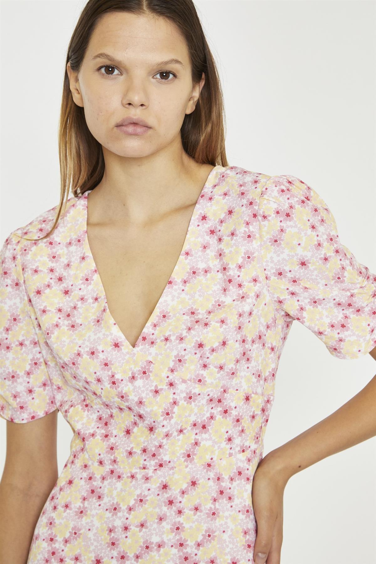 Pink-Yellow-Bunch-Flower Mini-Dress