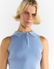 Knitted Light Blue Half Zip Sleeveless Crop Top