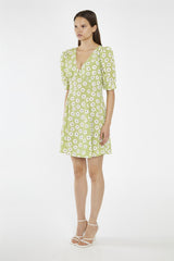 Shift Short Dress - Olive Green Flower