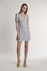 Blue-Red-Ditsy Button-Front Mini-Dress
