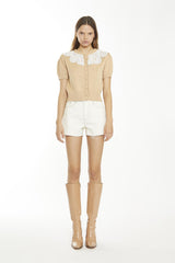 Ecru Raw-Hem High-Waisted-Shorts