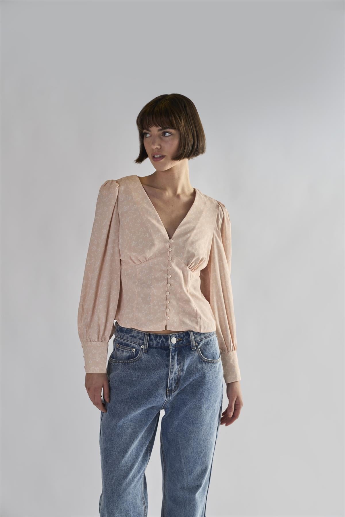Peach-Ditsy V-Neck-Button-Up Tops