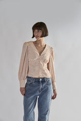 Peach-Ditsy V-Neck-Button-Up Tops