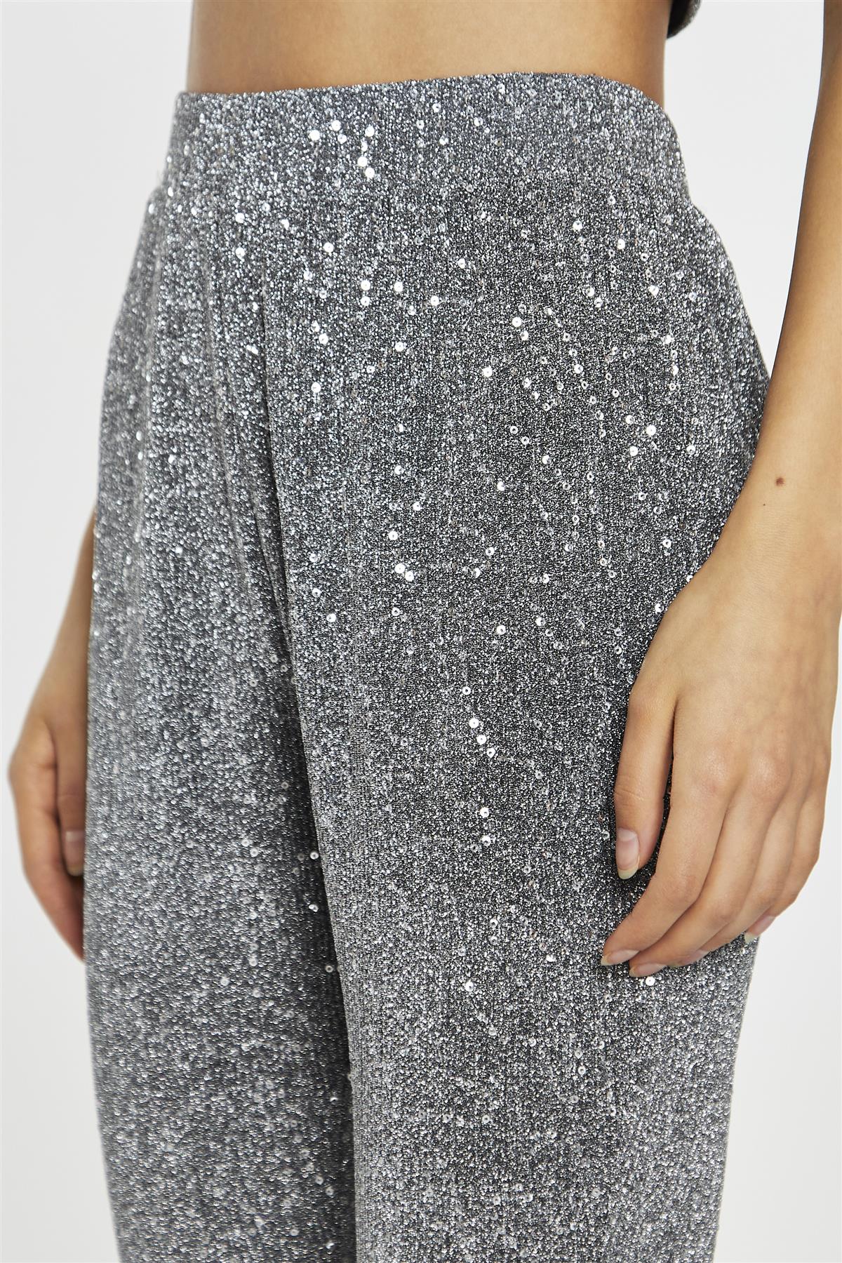 Silver-Sequin Plisse  Flared-Trousers
