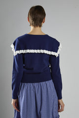 Navy-White Collared Cardigan