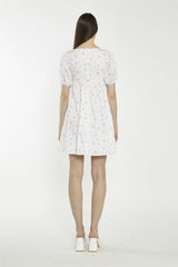 Square Neck Short Skater Dress - White Pink Floral