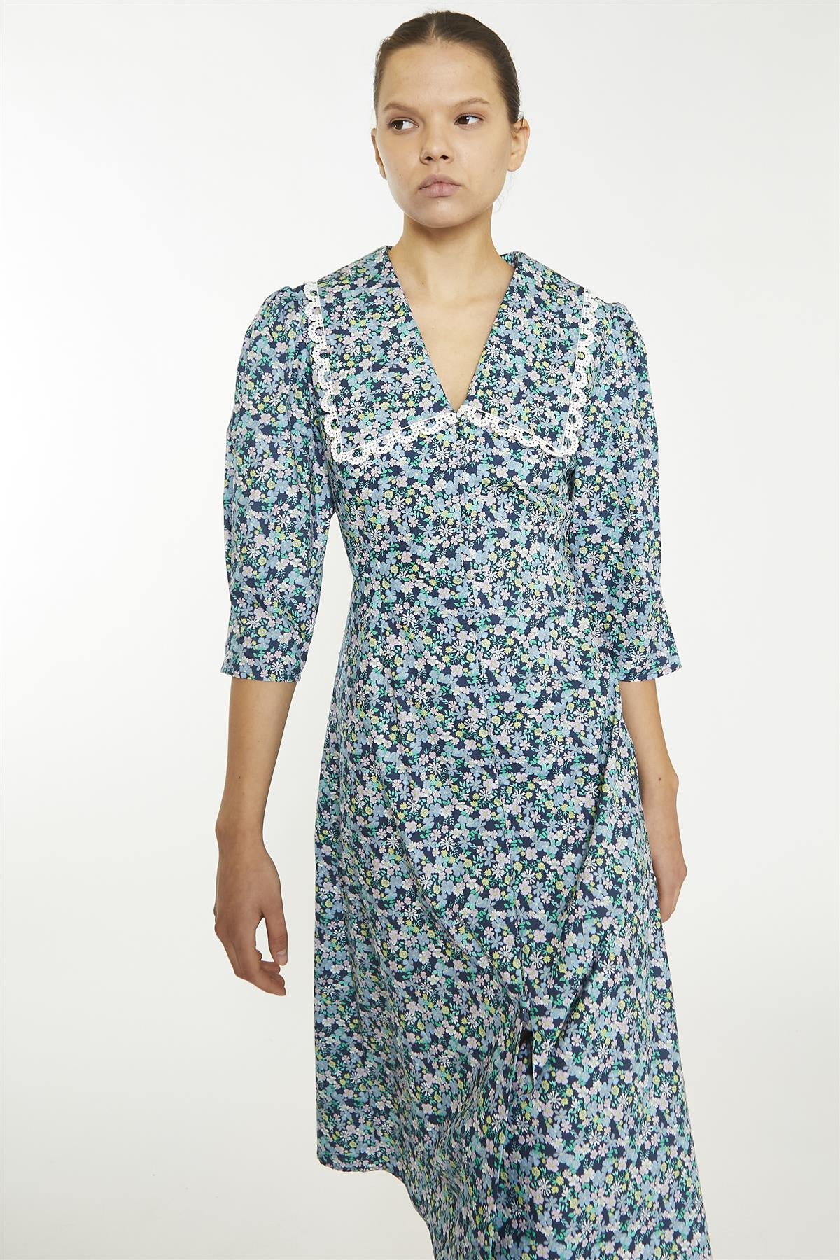 Navy Vintage Floral Collared Midaxi-Dress