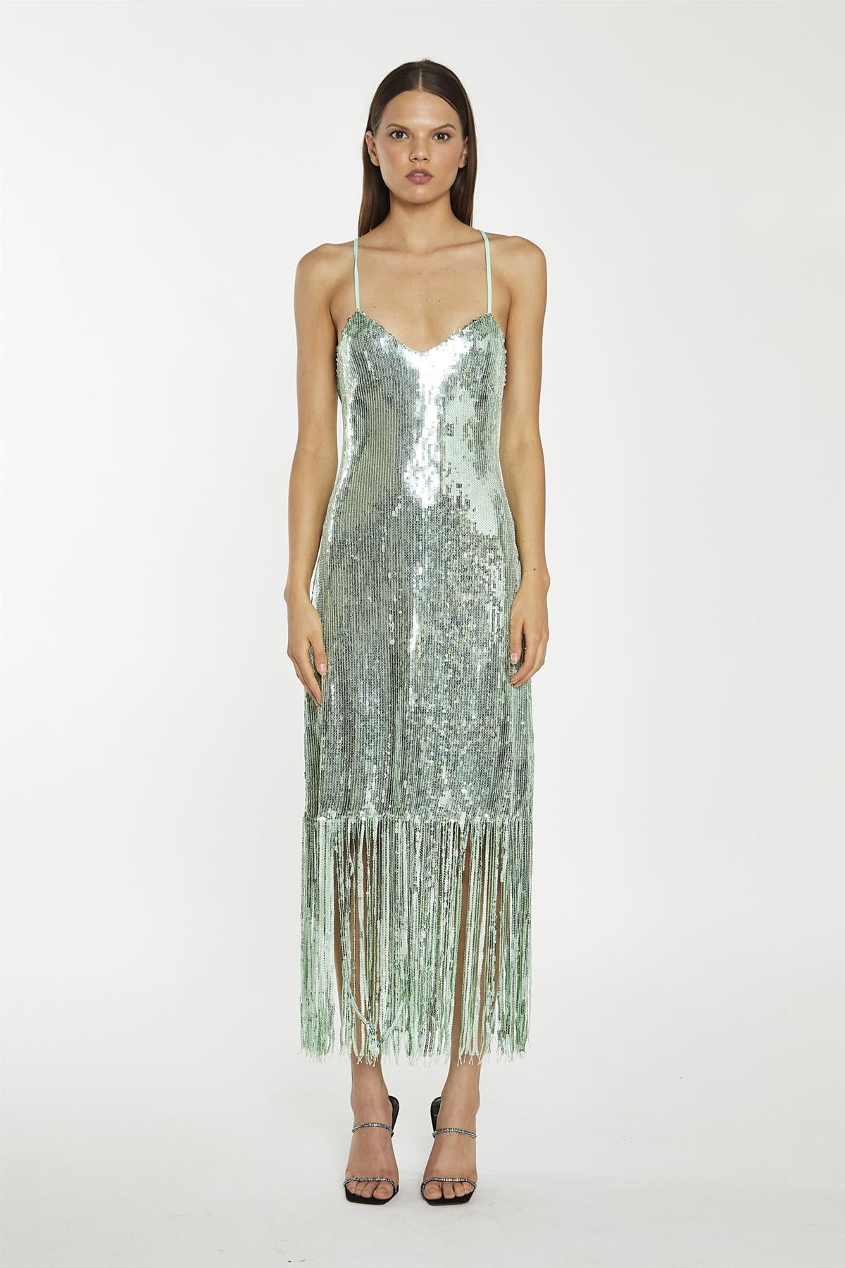 Jade-Sequin Cross Back Midi-Dress