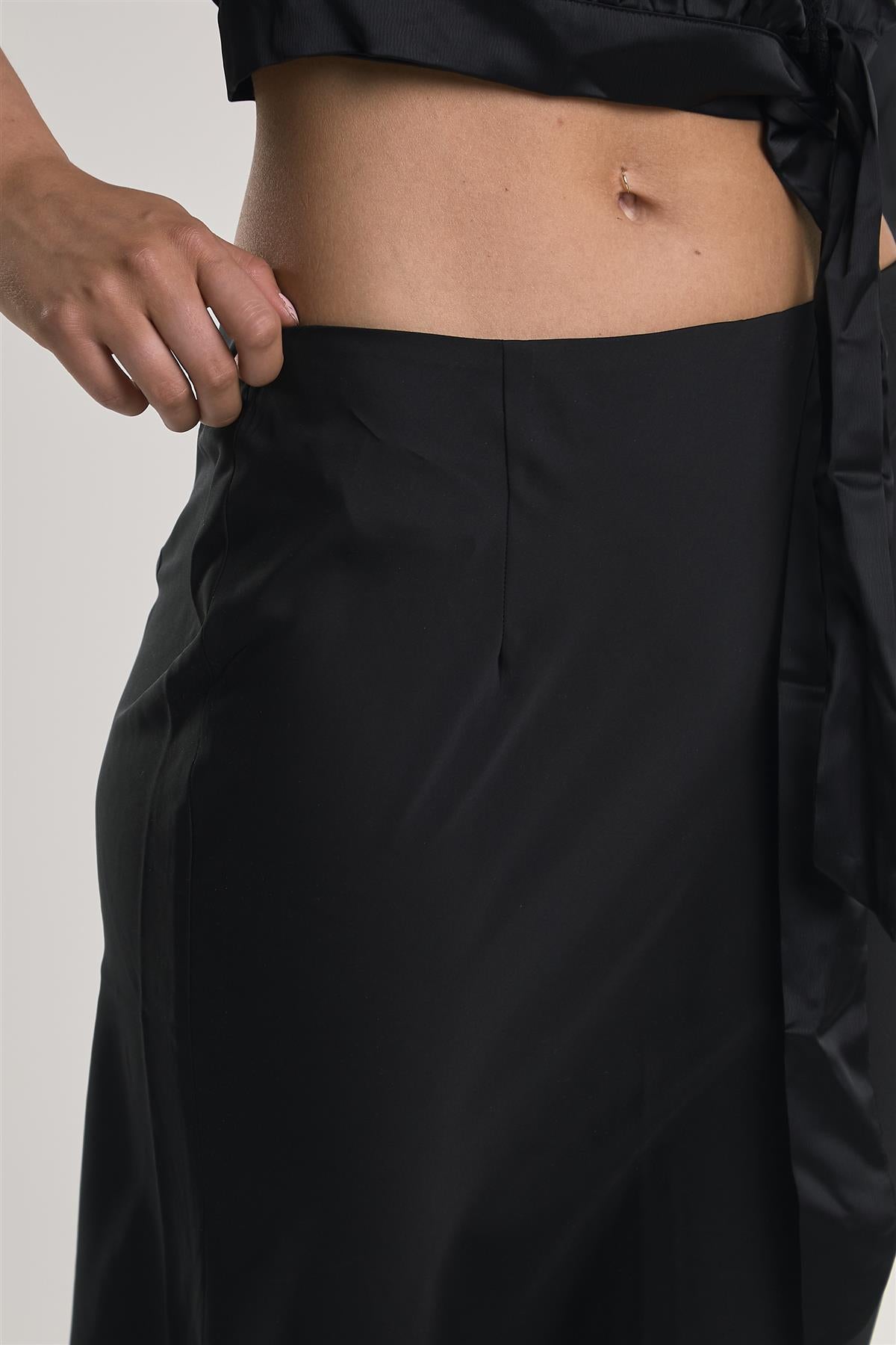 Black Satin Midi-Skirt