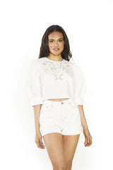 Off White Stone Lace Detailed Crop-Top