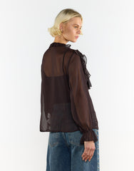 Button Front Ruffle  Blouse - Deep Brown