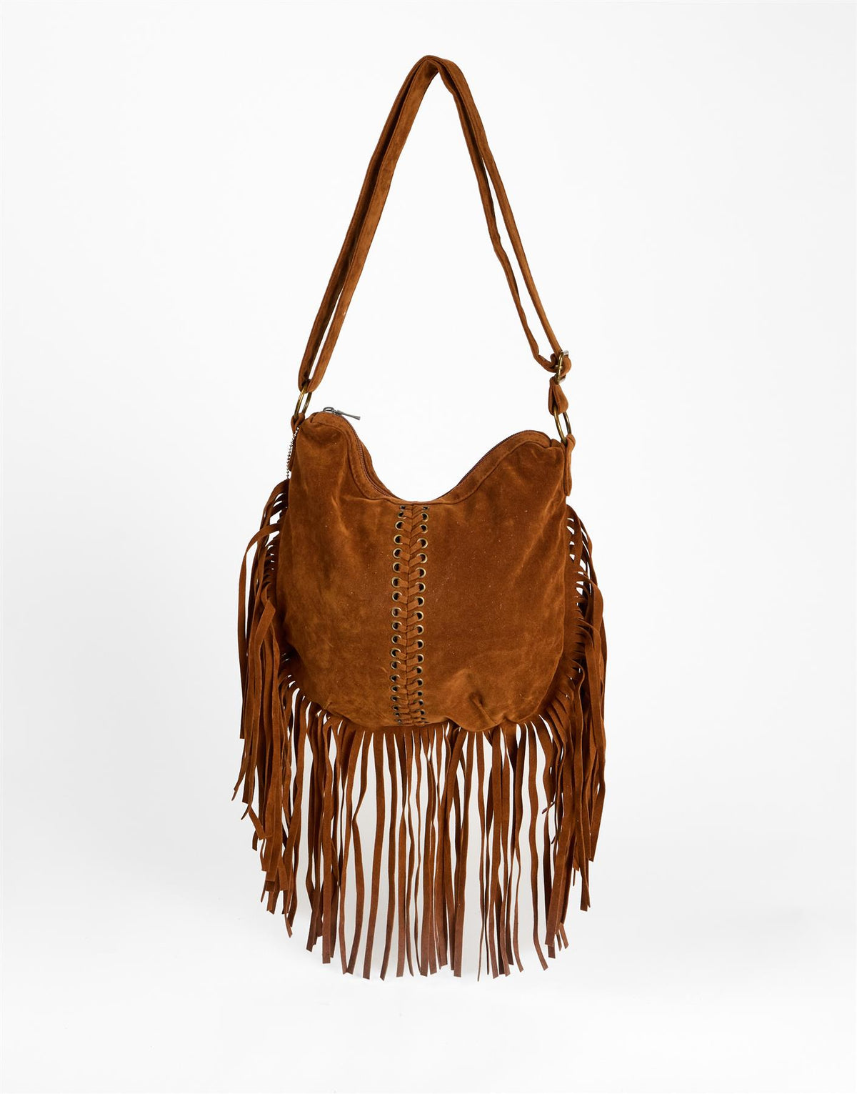 Tan Fringe Whipstitch Hobo Bag