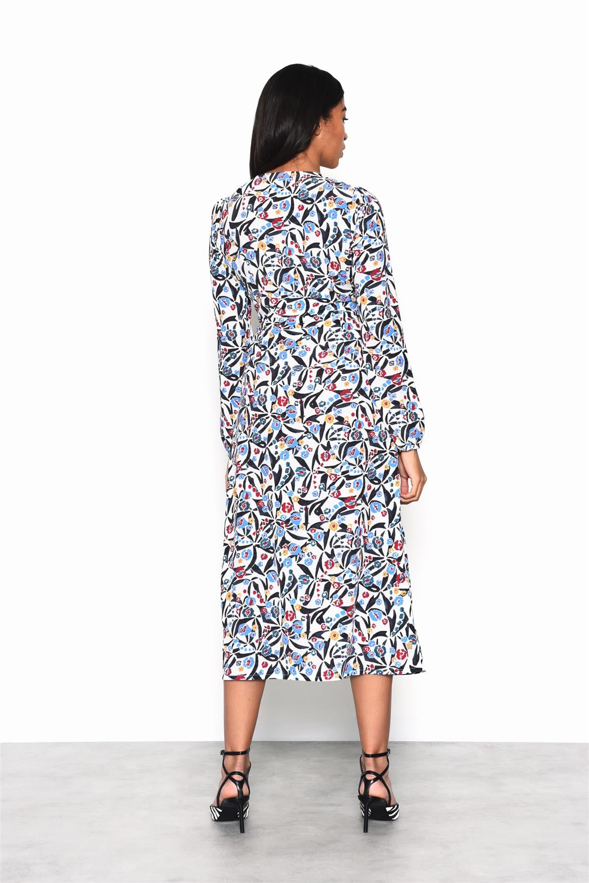 White Blue Multi Abstract V-Neck Midi Dress