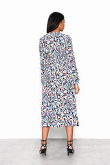 White Blue Multi Abstract V-Neck Midi Dress
