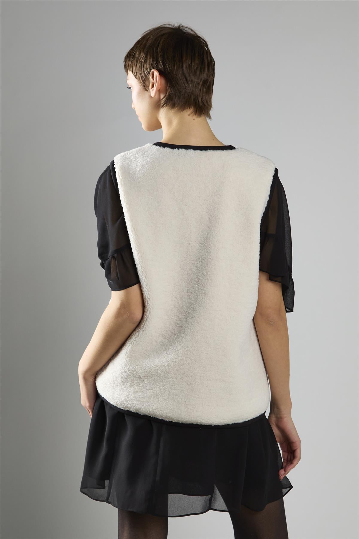 Cream Black Front Tie Sherpa Gilet