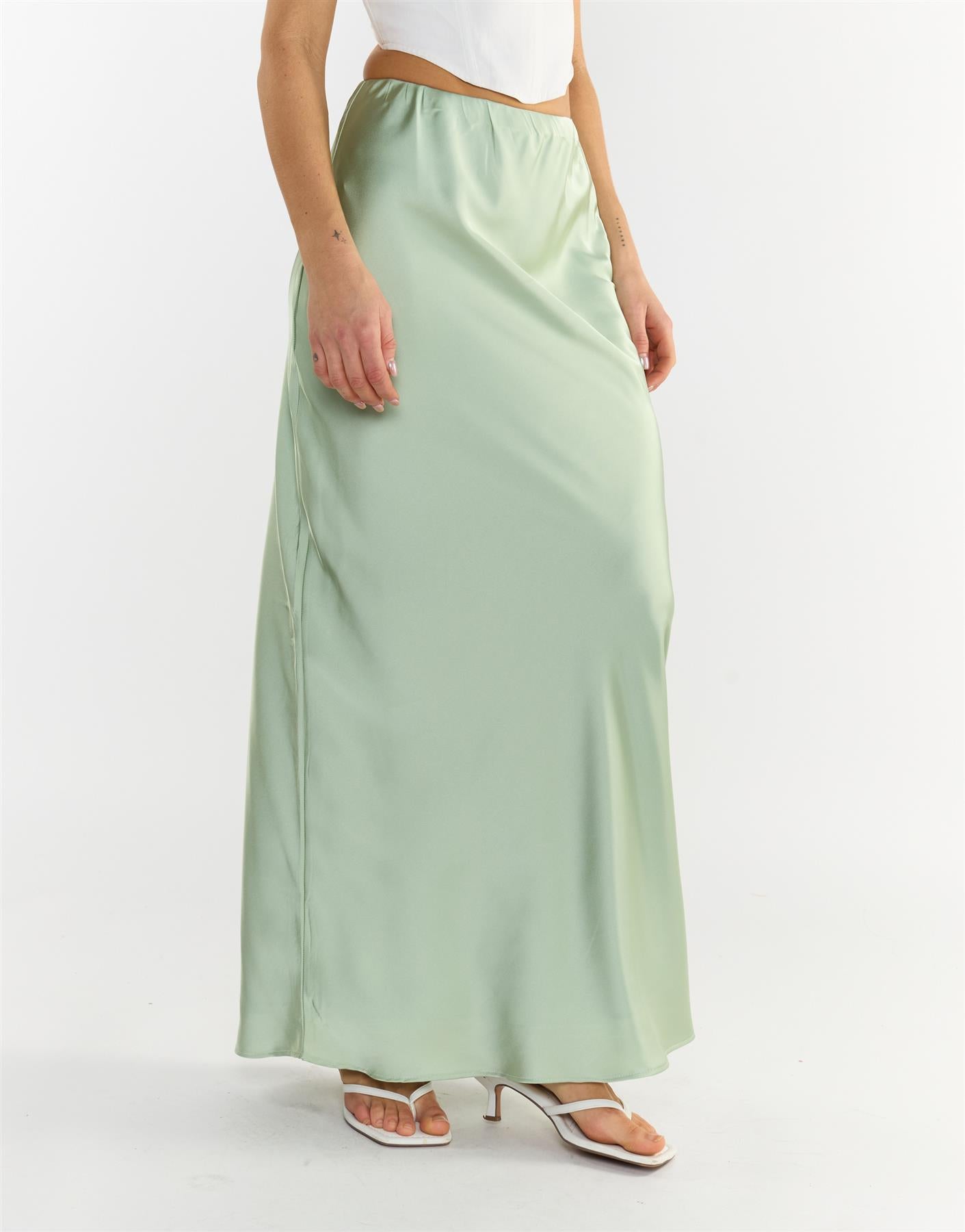 Bias Cut Maxi Skirt - Sage Green Sateen
