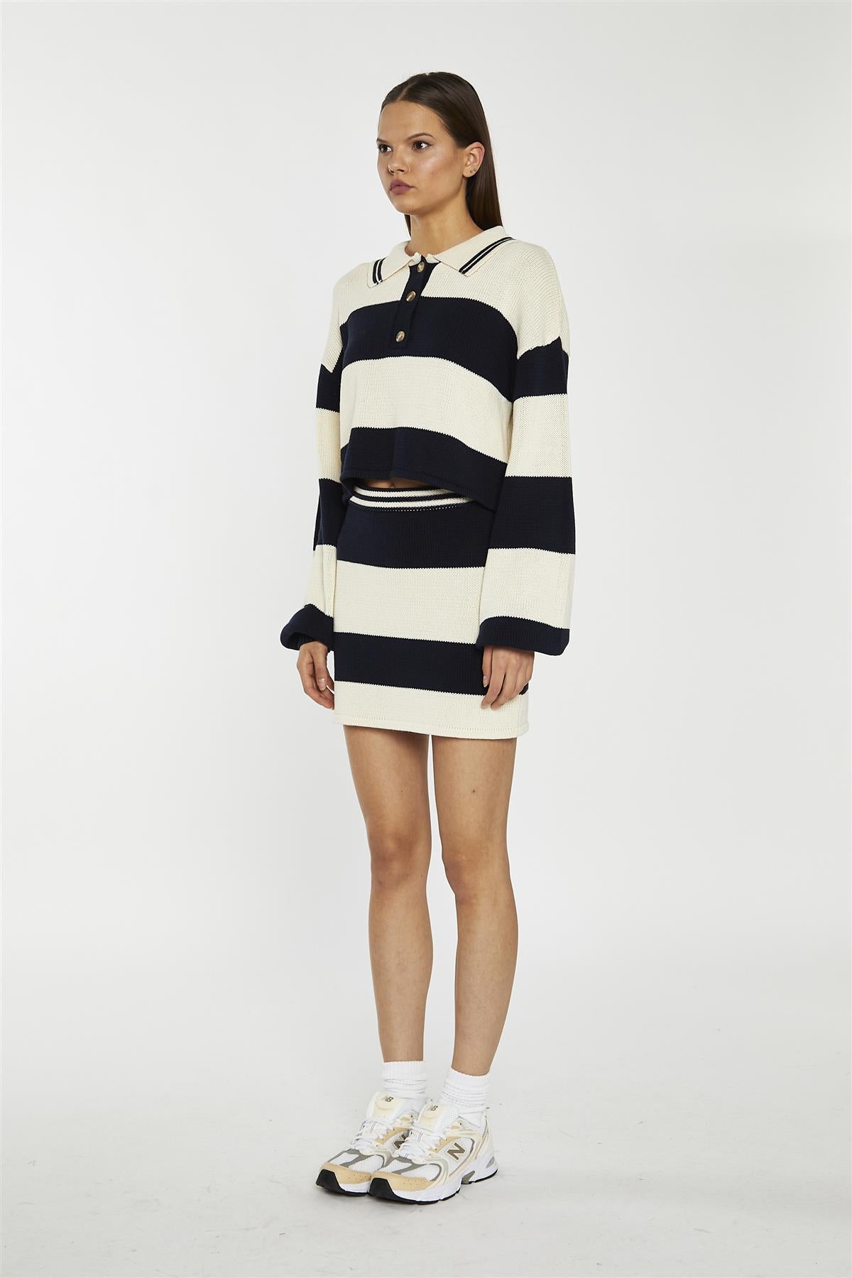 Navy-Cream Bodycon Knitted Mini-Skirt