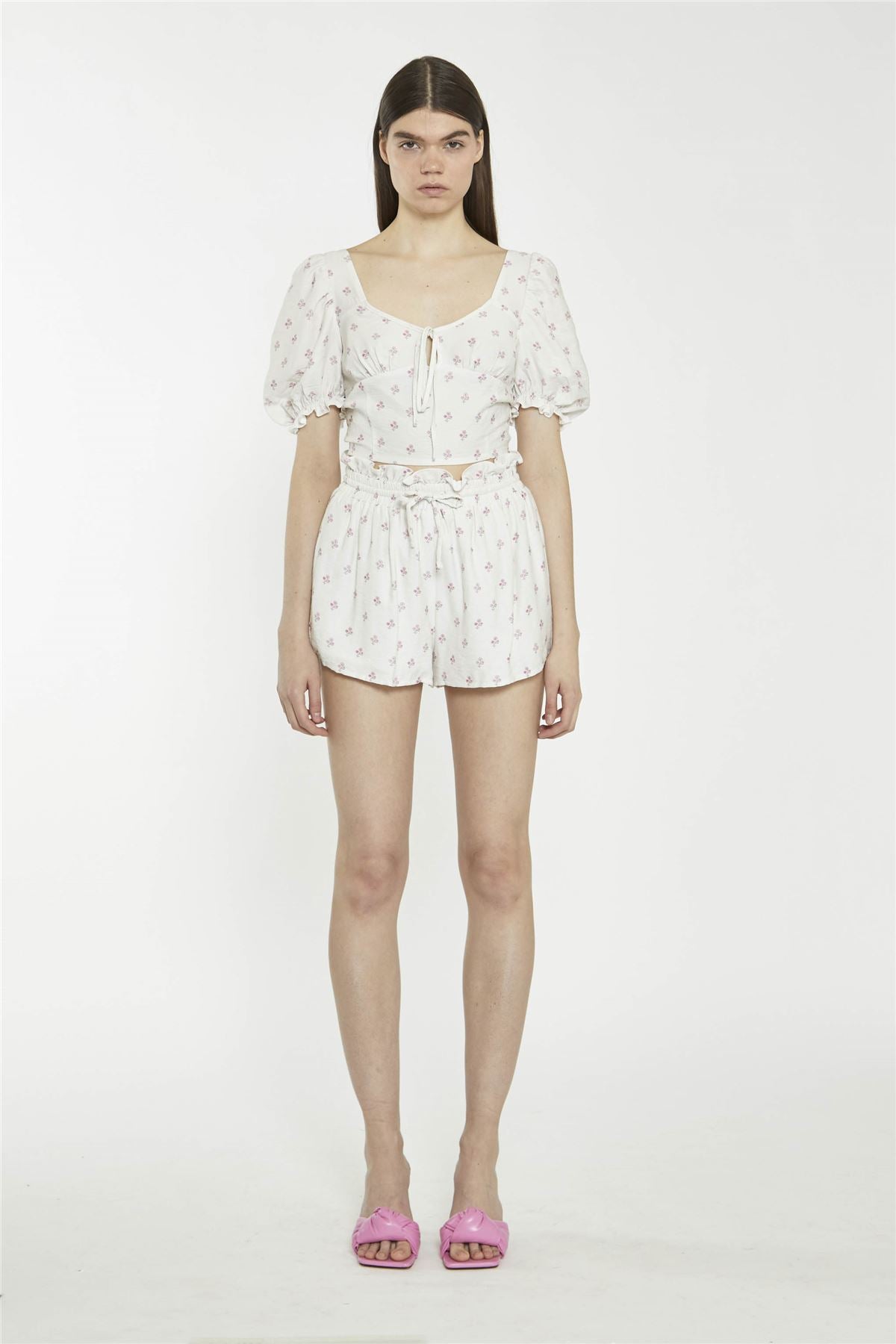 Cream Pink Stem Flower Shorts