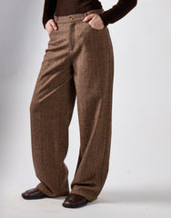 Brown Herringbone Wide Leg Suit Trousers