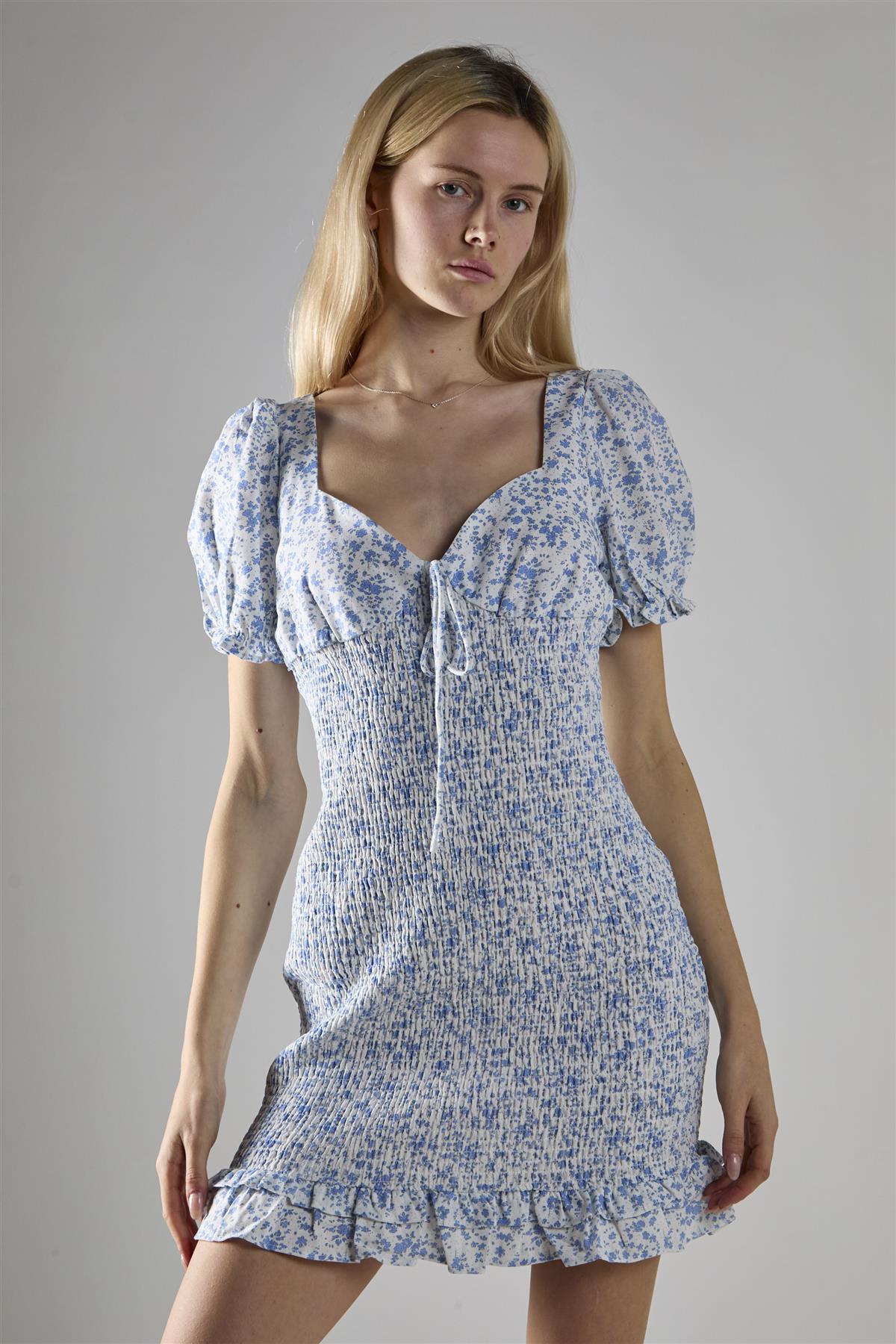 Blue Ditsy Shirred Bodycon Mini-Dress