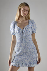 Blue Ditsy Shirred Bodycon Mini-Dress