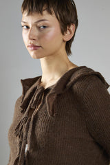 Dark Brown Ruffle Front Tie Long Sleeve Top