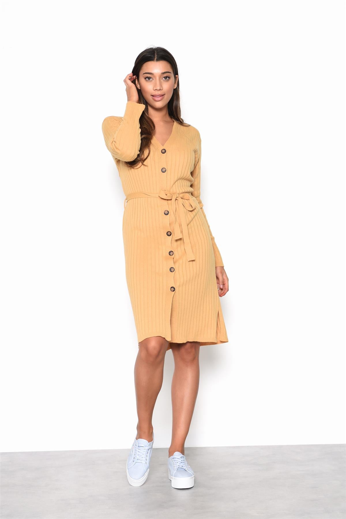 Camel Ribbed Tie Front Midi-Dress
